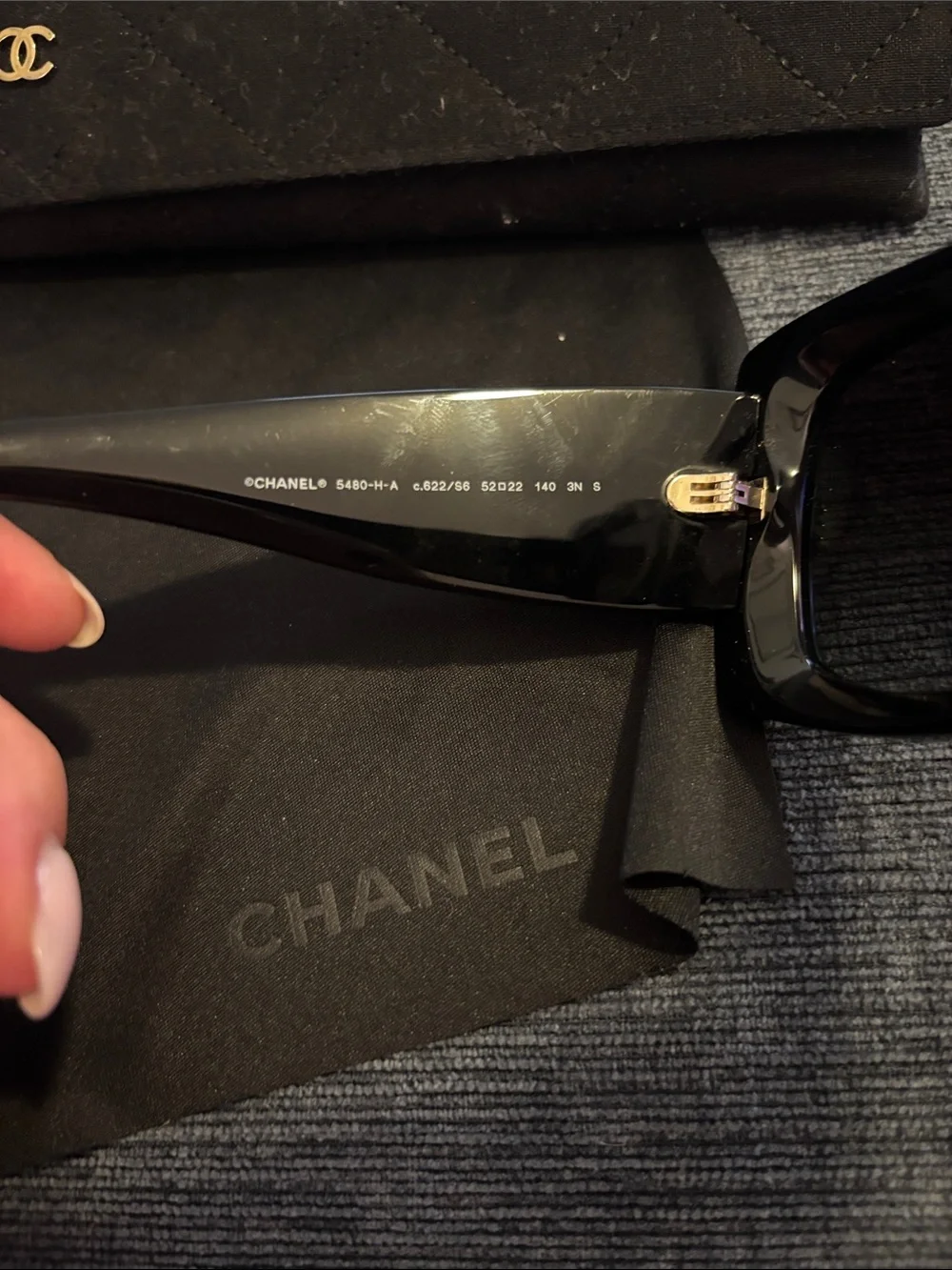 CHANEL Black Acetate Rectangle Sunglasses with Pearl, Gold CC Logo Pearl 5480-H